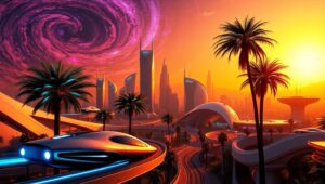 Retro-Futuristic Sunset Cityscape – free AI stock image