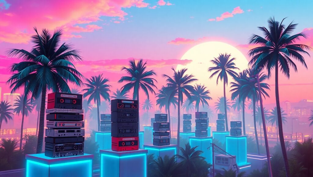 Retrofuturistic Dreamscape at Dusk – free AI stock image