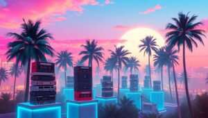 Retrofuturistic Dreamscape at Dusk – free AI stock image