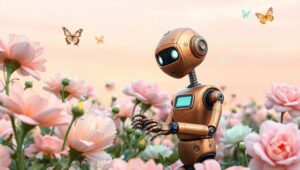 Robot Gardener in a Dreamy Garden – free AI stock image