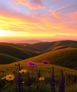Rolling Hills Under a Vibrant Sunset – free AI stock image