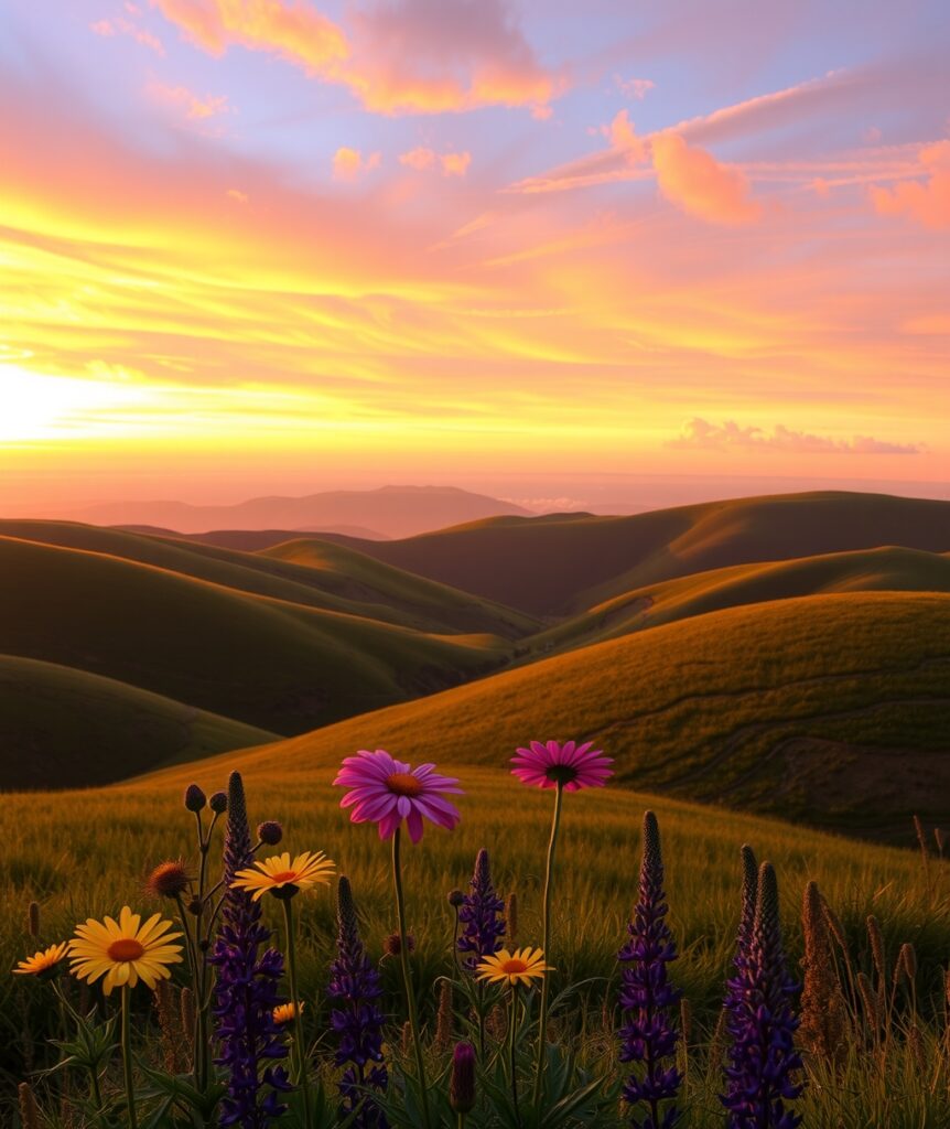 Rolling Hills Under a Vibrant Sunset – free AI stock image