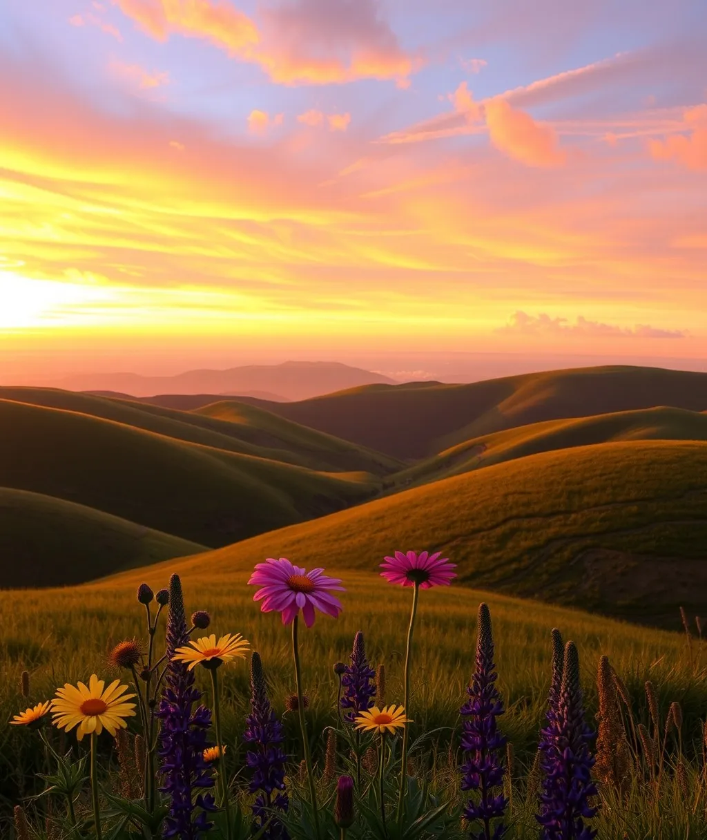 Rolling Hills Under a Vibrant Sunset