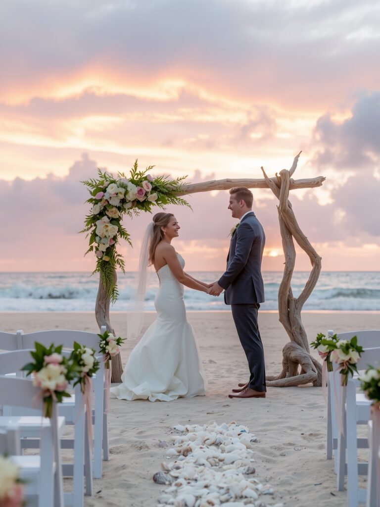 Romantic Beach Wedding at Sunset – free AI stock image