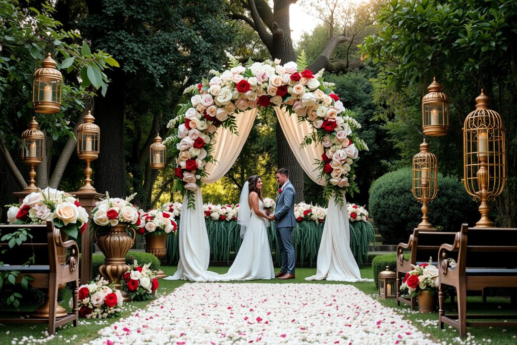 Romantic Garden Wedding Ceremony Under Arch – free AI stock image