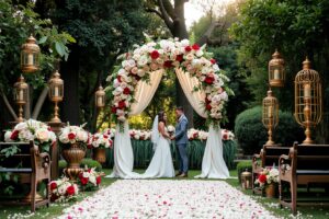 Romantic Garden Wedding Ceremony Under Arch – free AI stock image
