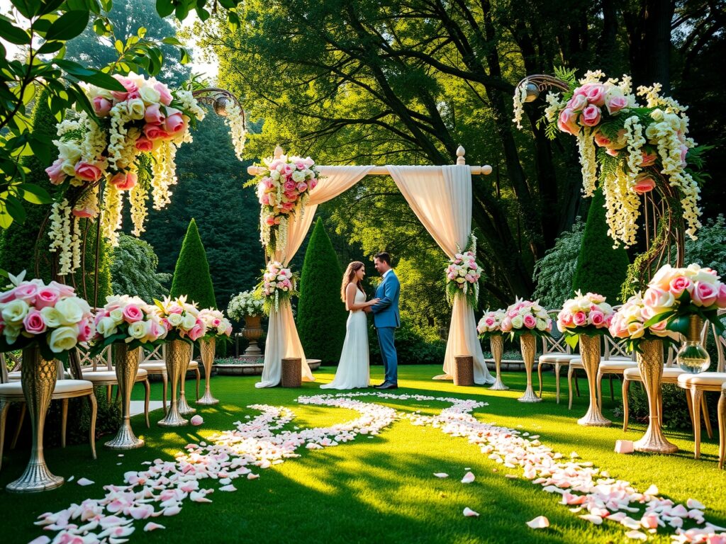 Romantic Garden Wedding Ceremony Under Arches – free AI stock image