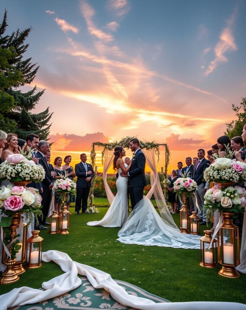 Romantic Outdoor Wedding Ceremony at Sunset – free AI stock image