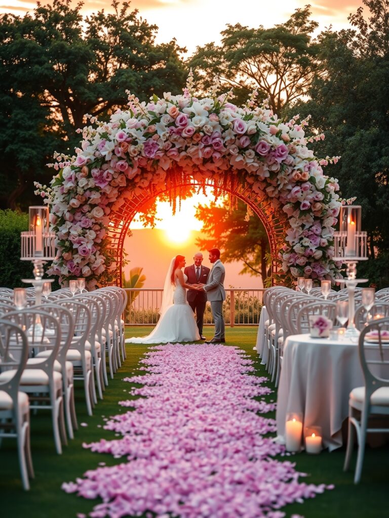 Romantic Outdoor Wedding Ceremony at Sunset – free AI stock image