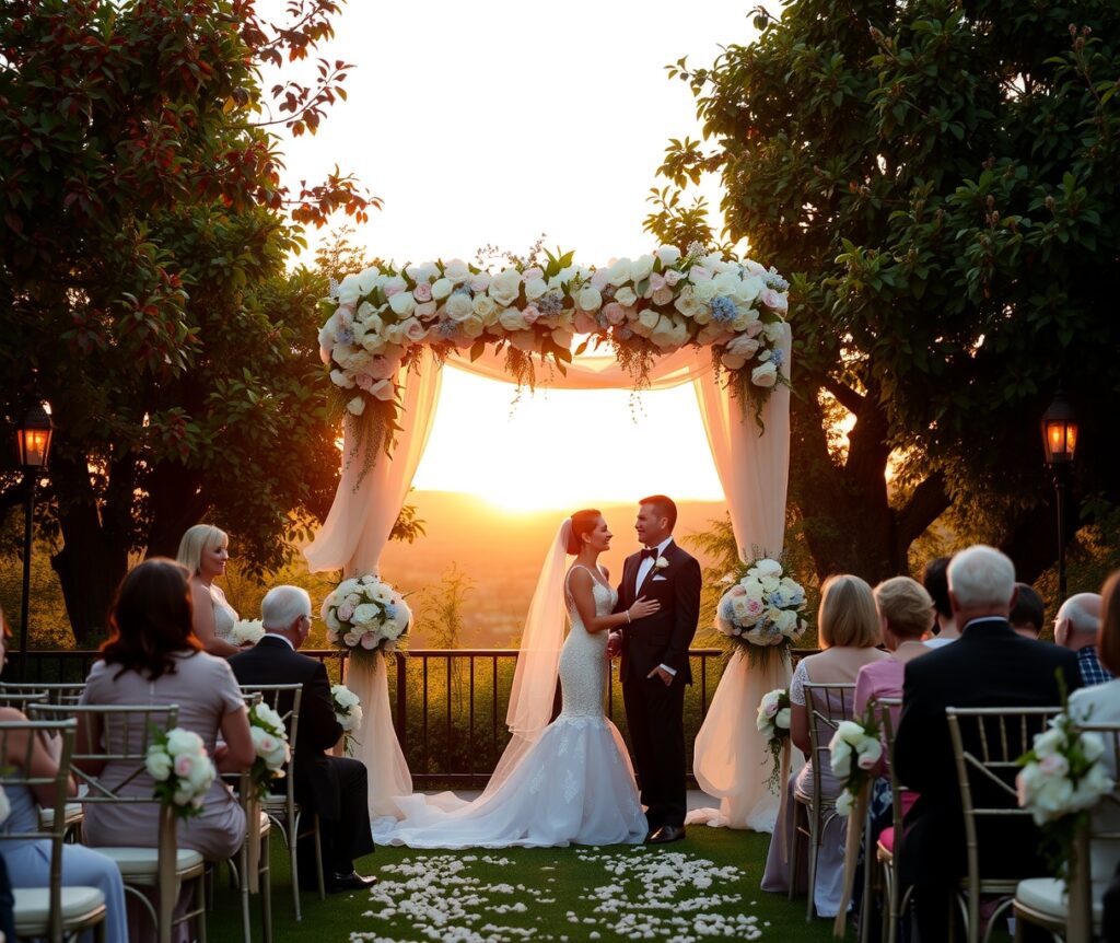 Romantic Outdoor Wedding Ceremony at Sunset – free AI stock image