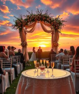 Romantic Outdoor Wedding Ceremony at Sunset – free AI stock image