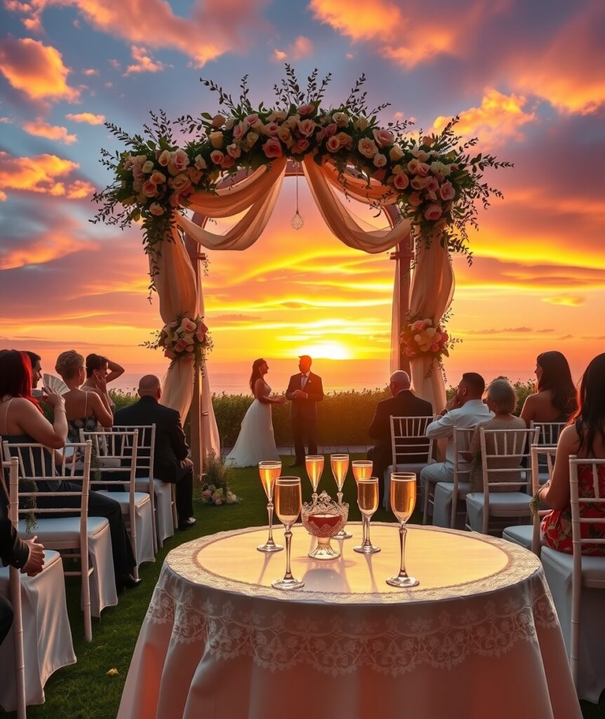 Romantic Outdoor Wedding Ceremony at Sunset – free AI stock image