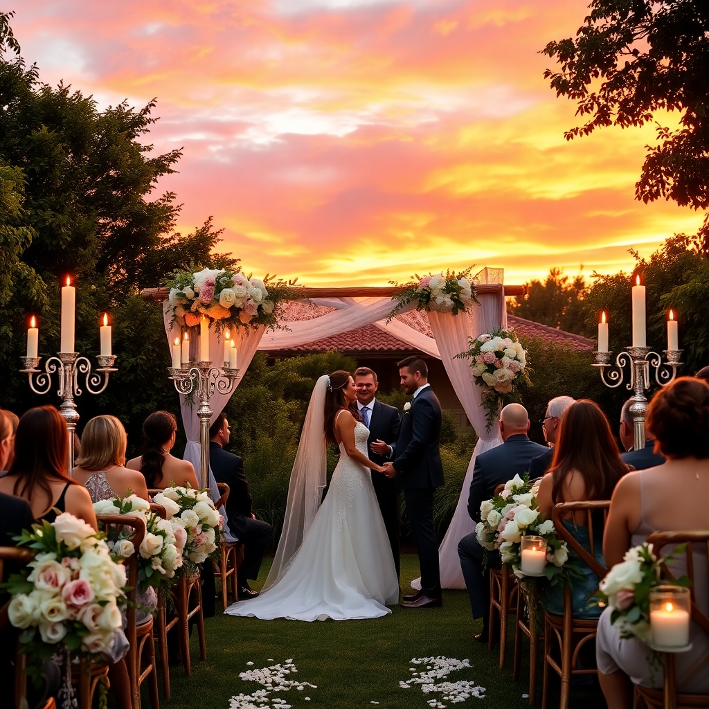 Romantic Outdoor Wedding Ceremony at Sunset – free AI stock image