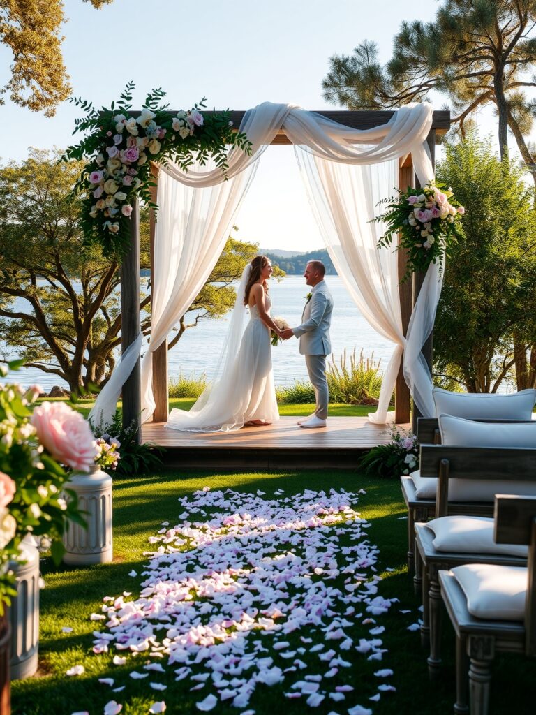 Romantic Outdoor Wedding Ceremony by the Lake – free AI stock image
