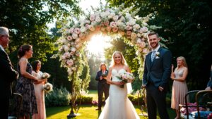 Romantic Outdoor Wedding Ceremony Under a Flower Arch Image – free AI stock image