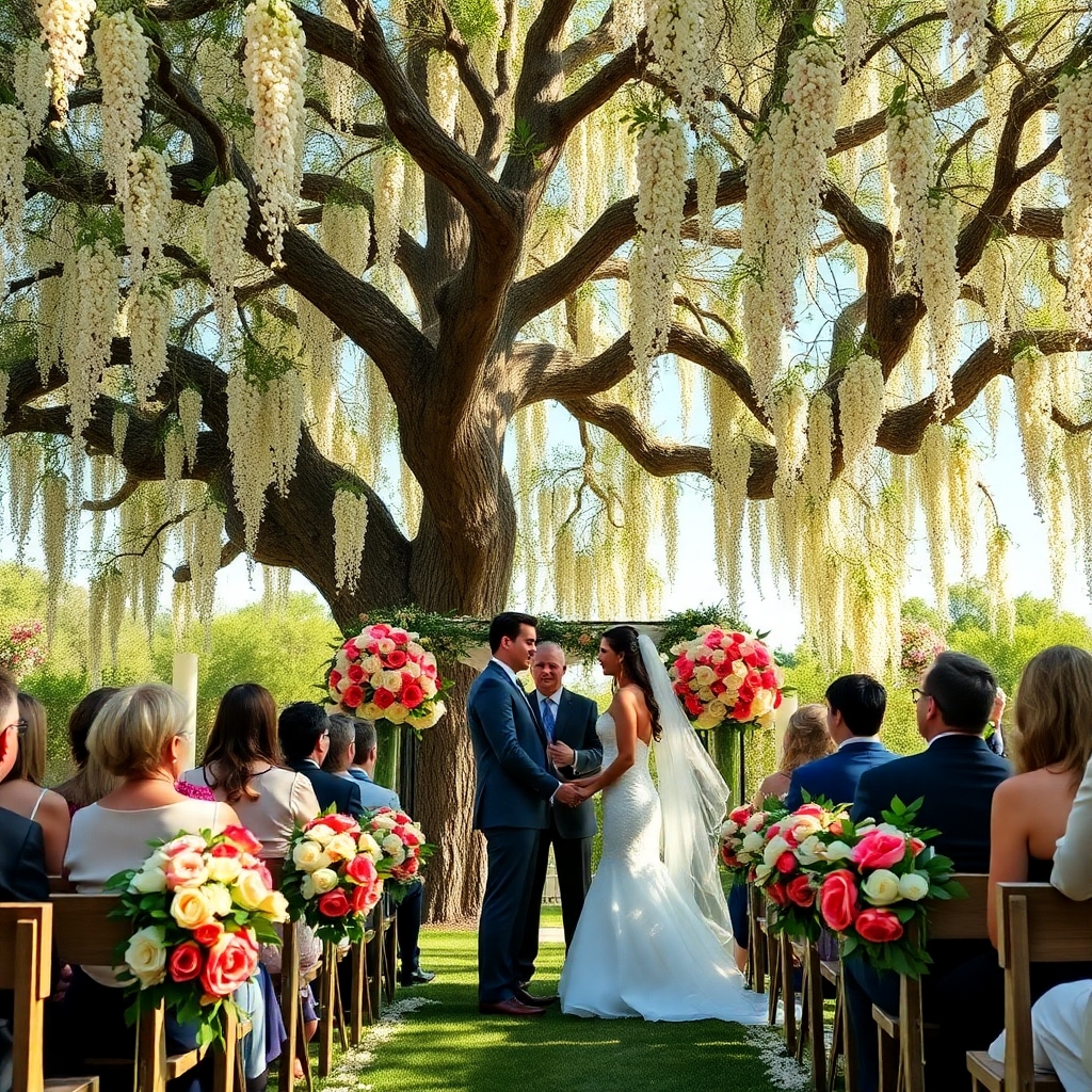Romantic Outdoor Wedding Ceremony Under Blooming Trees – free AI stock image