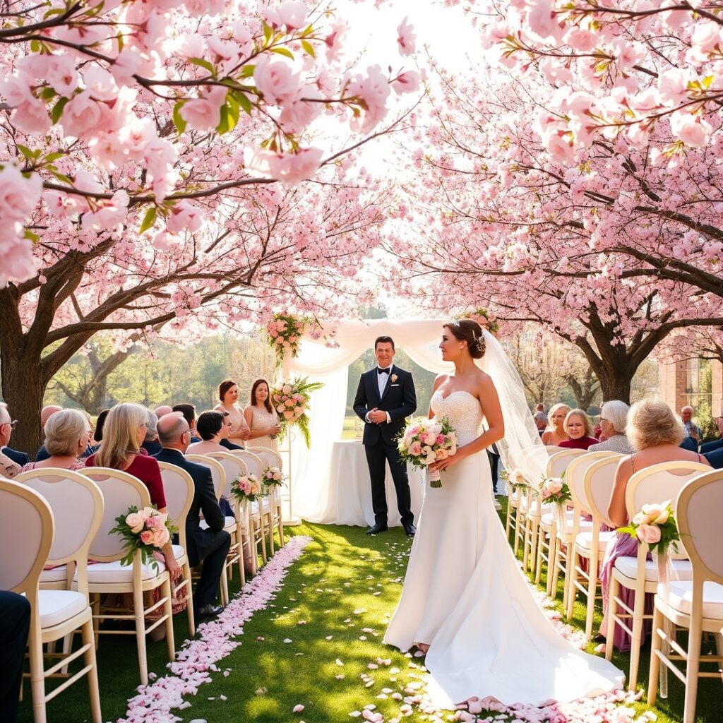 Romantic Outdoor Wedding Ceremony Under Blossoming Trees – free AI stock image