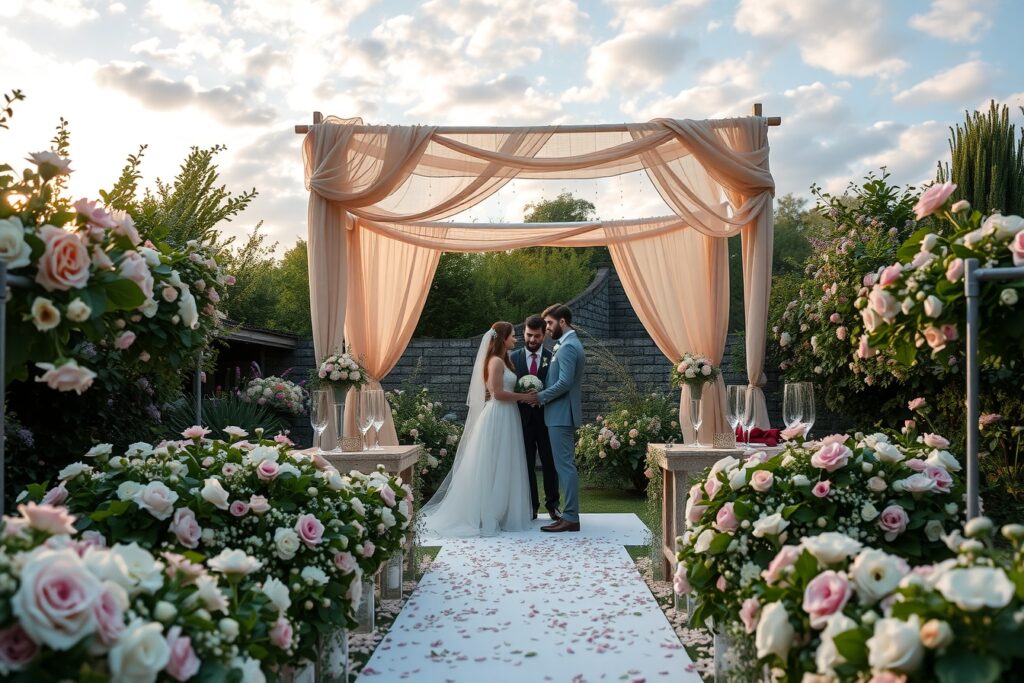 Romantic Outdoor Wedding Under a Canopy – free AI stock image