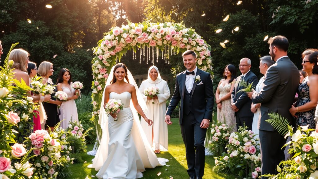Romantic Outdoor Wedding Under a Flower-Decorated Arch Image – free AI stock image