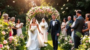 Romantic Outdoor Wedding Under a Flower-Decorated Arch Image – free AI stock image