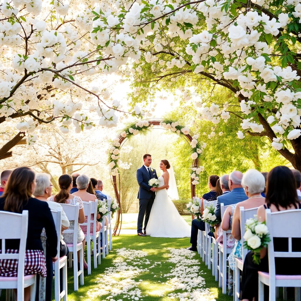 Romantic Outdoor Wedding Under Blossoming Trees – free AI stock image