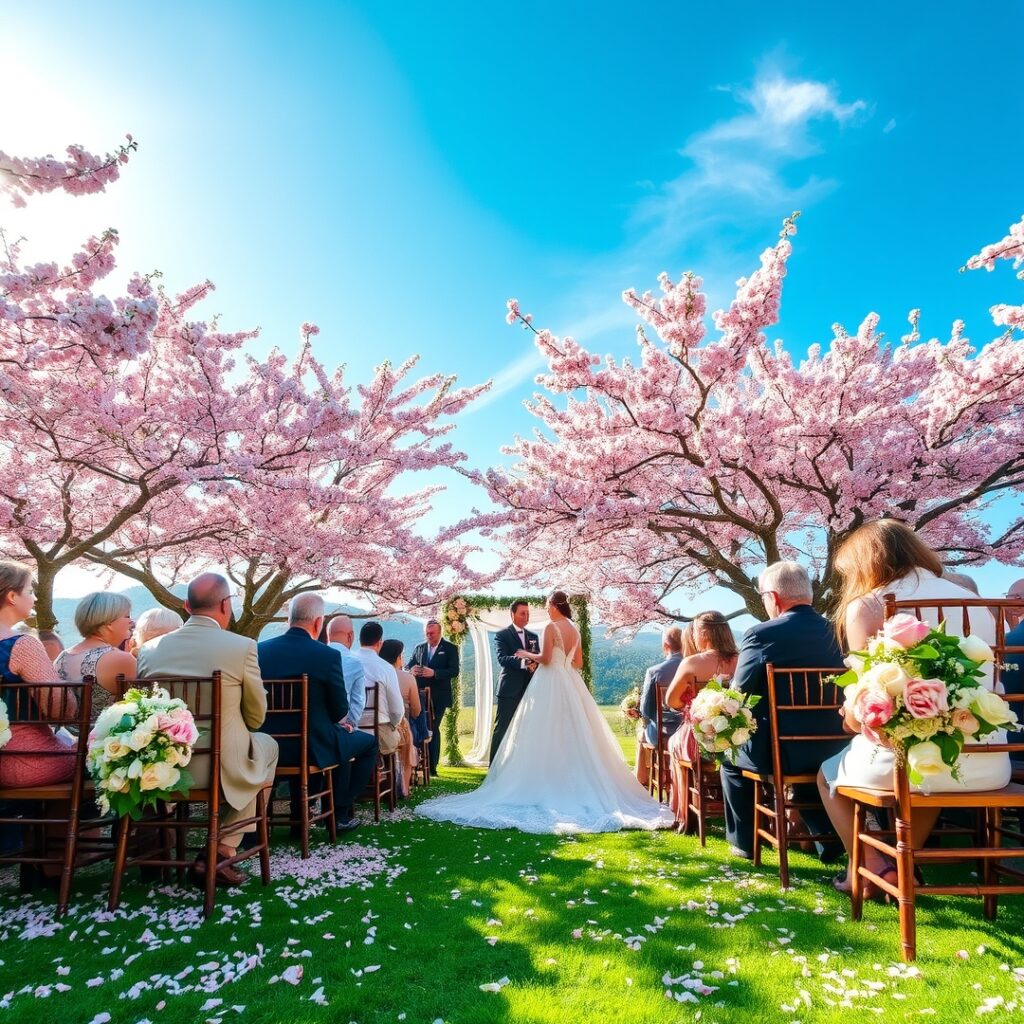 Romantic Outdoor Wedding Under Cherry Blossoms – free AI stock image