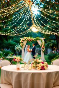Romantic Outdoor Wedding Under Fairy Lights – free AI stock image