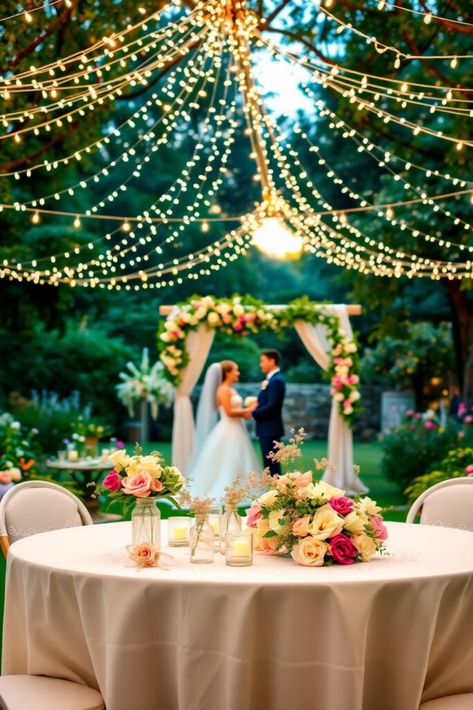 Romantic Outdoor Wedding Under Fairy Lights – free AI stock image