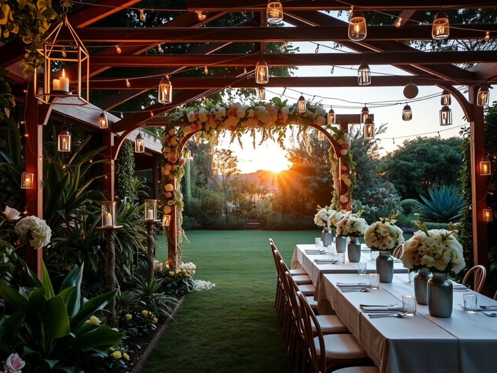 Romantic Outdoor Wedding Under Twinkling Lights – free AI stock image