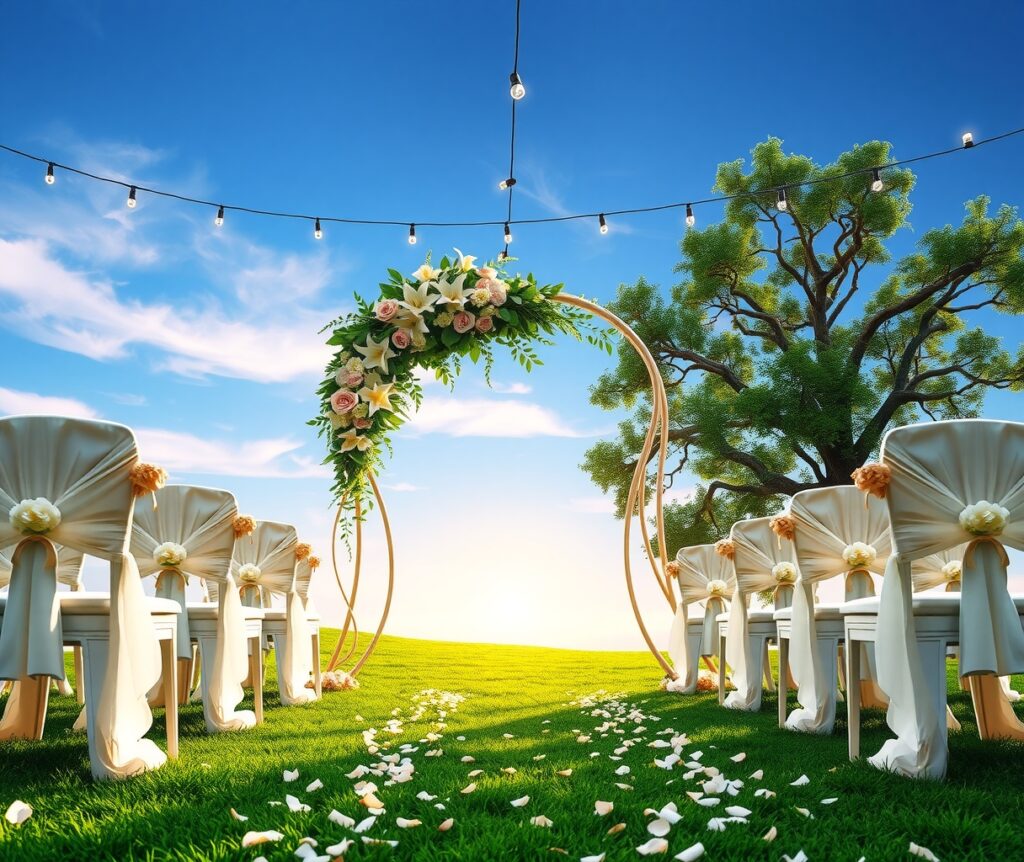 Romantic Outdoor Wedding with Floral Arch – free AI stock image