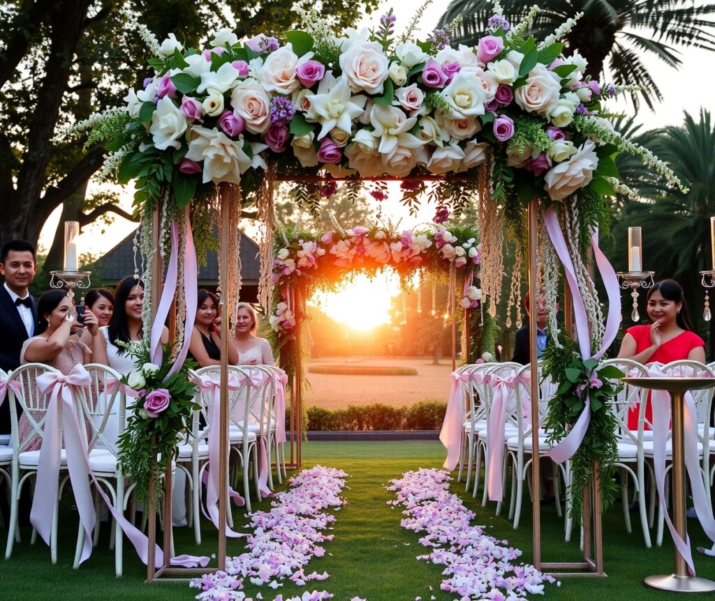 Romantic Wedding Celebration Under a Floral Arch – free AI stock image