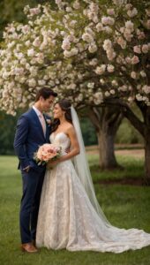 Romantic Wedding Ceremony Under Blossoming Trees – free AI stock image