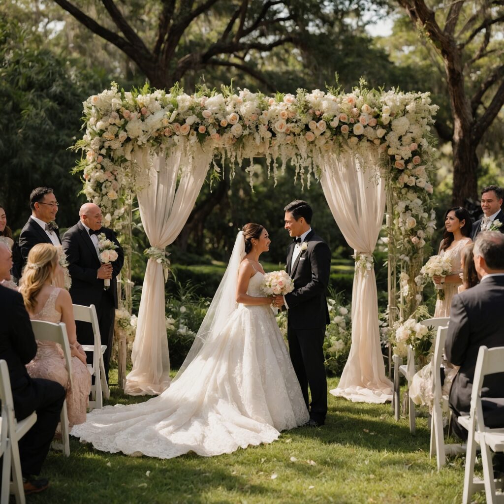 Romantic Wedding Ceremony Under Blossoming Trees – free AI stock image