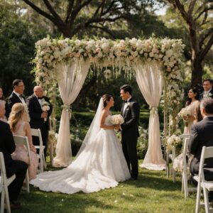 Romantic Wedding Ceremony Under Blossoming Trees – free AI stock image