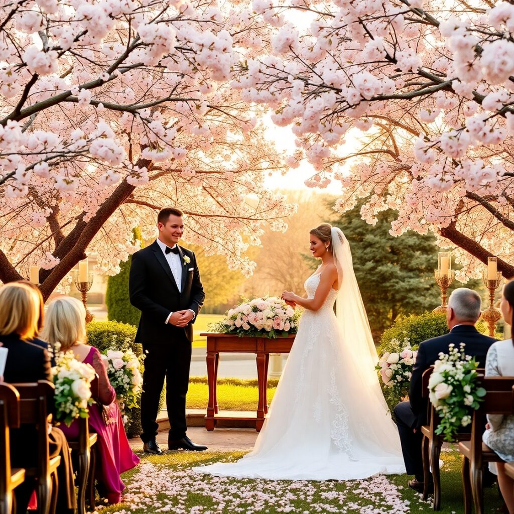Romantic Wedding Ceremony Under Cherry Blossoms – free AI stock image