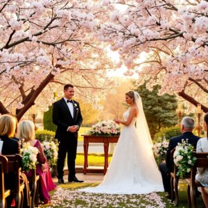 Romantic Wedding Ceremony Under Cherry Blossoms – free AI stock image