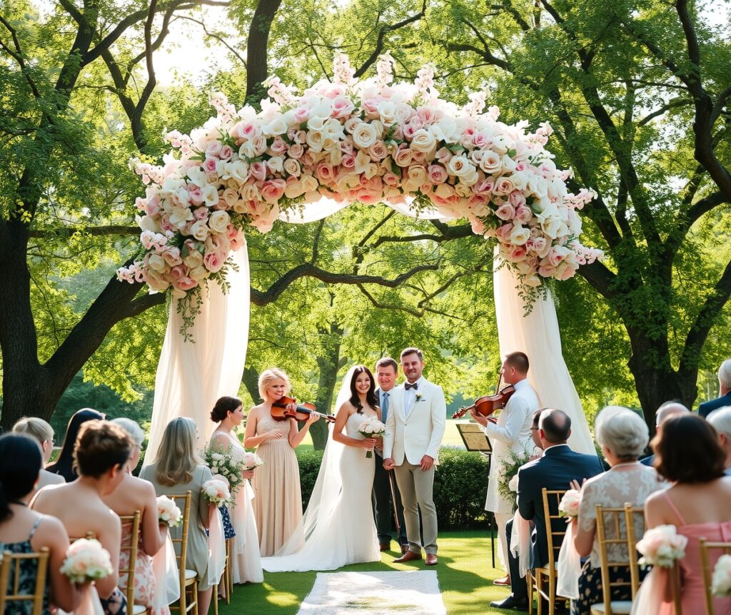 Romantic Wedding Ceremony Under Floral Arch – free AI stock image