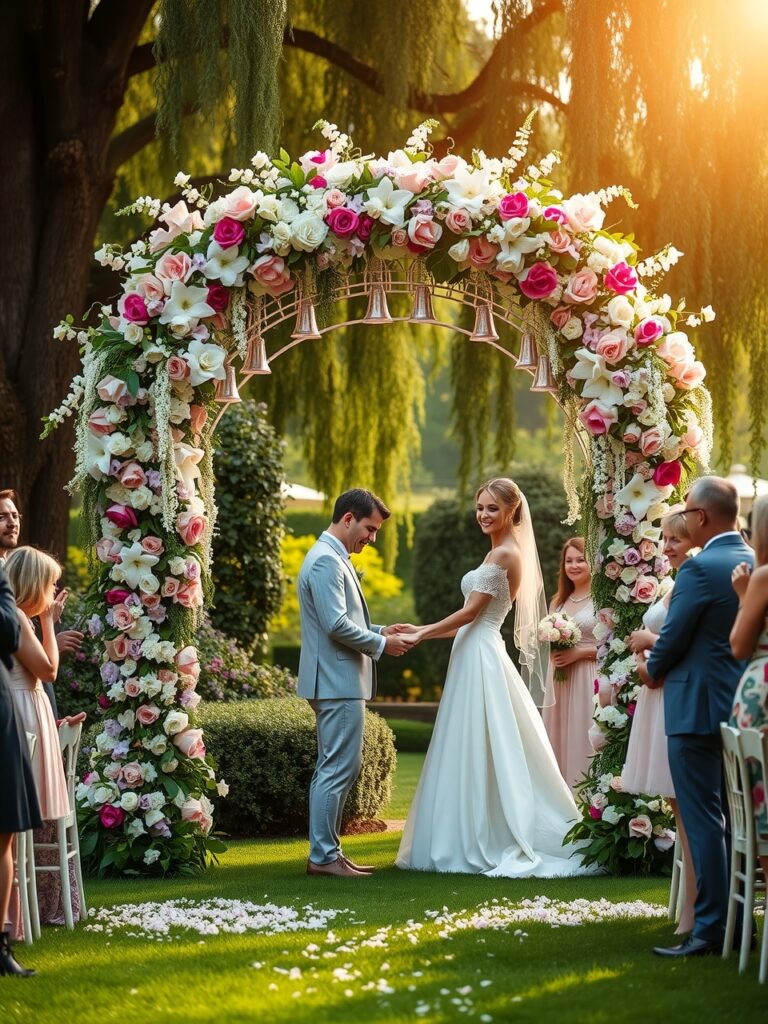 Romantic Wedding Ceremony Under Floral Arch – free AI stock image