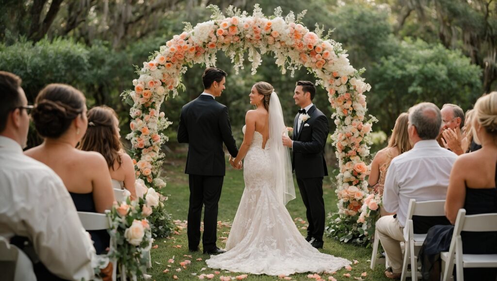 Romantic Wedding Ceremony Under the Arch – free AI stock image