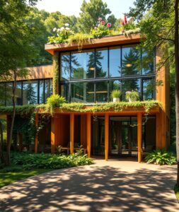 Rustic Modern Building Blending with Nature – free AI stock image