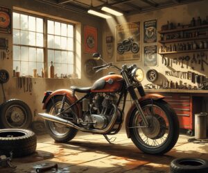 Rustic Motorcycle in a Vintage Garage – free AI stock image