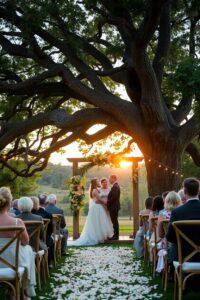 Rustic Outdoor Wedding Ceremony at Sunset – free AI stock image