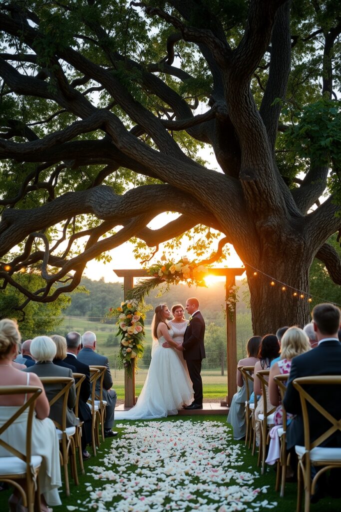 Rustic Outdoor Wedding Ceremony at Sunset – free AI stock image