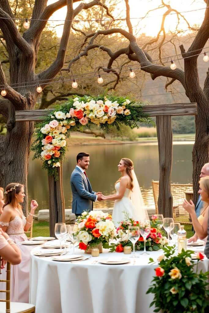 Rustic Outdoor Wedding Under Twinkling Lights – free AI stock image