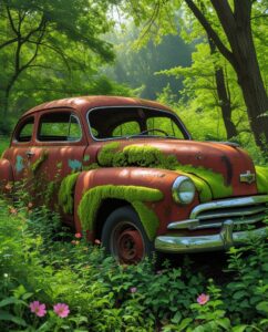 Rusty Classic Car Surrounded by Nature – free AI stock image