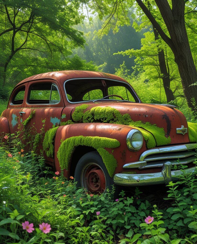 Rusty Classic Car Surrounded by Nature – free AI stock image