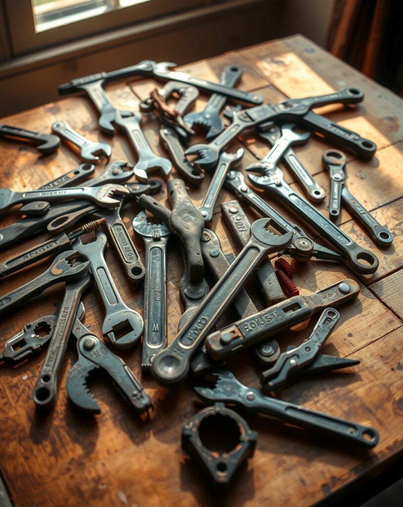 Rusty Tools on a Wooden Table – free AI stock image