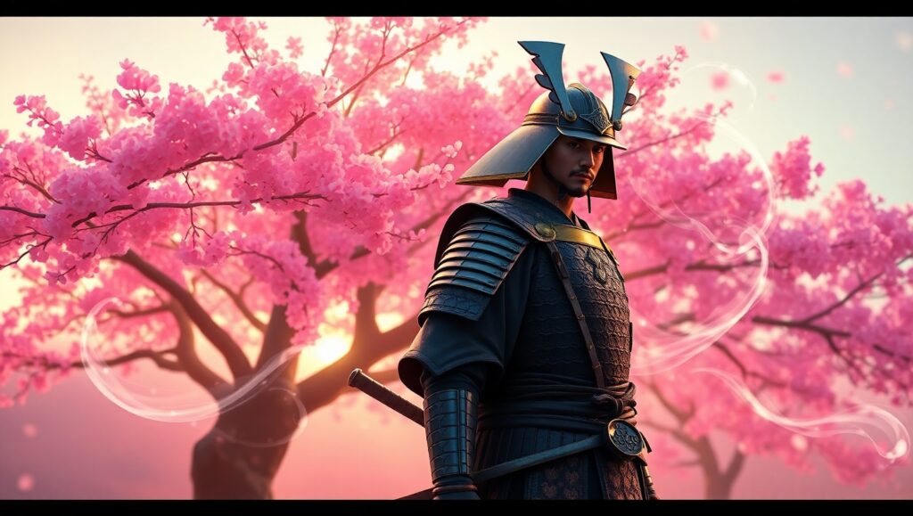 Samurai Serenity Under Blossoms – free AI stock image