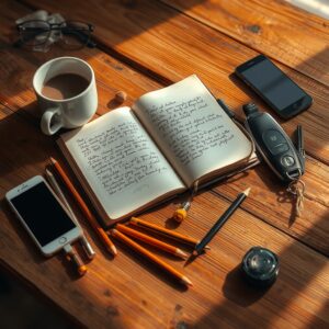 Scattered Objects on a Wooden Table – free AI stock image