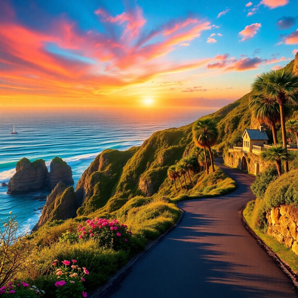 Scenic Coastal Road Trip at Sunset – free AI stock image